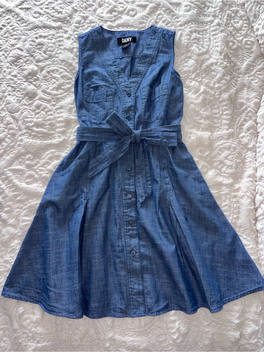 DKNY Women’s  Blue Denim Button-Front Dress with Waist Tie